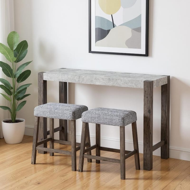 HomeRoots 48" Three Piece Gray and Dark Brown Faux Marble and Solid Wood Rectangular Bar Set - Gray