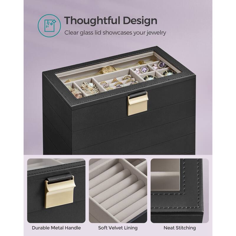 Multi-Layer Jewelry Storage Box with Stackable Trays and Soft Velvet Interior Protection and Glass Lid