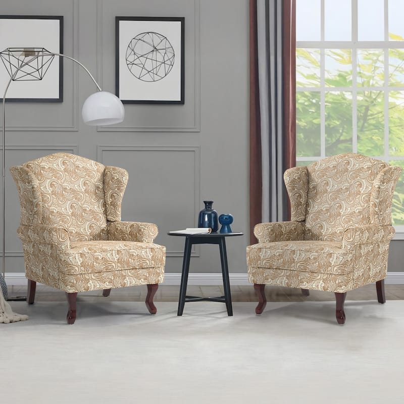 2 Set Modern Upholstery Wingback Accent Chair - Paisley Sand/ Cotton
