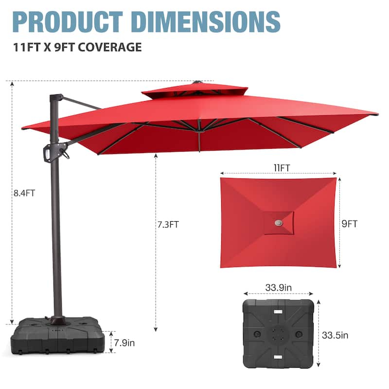 VredHom Patio Outdoor 9 x 11 FT Double Top Cantilever-Offset Umbrella with HDPE Wheel Base