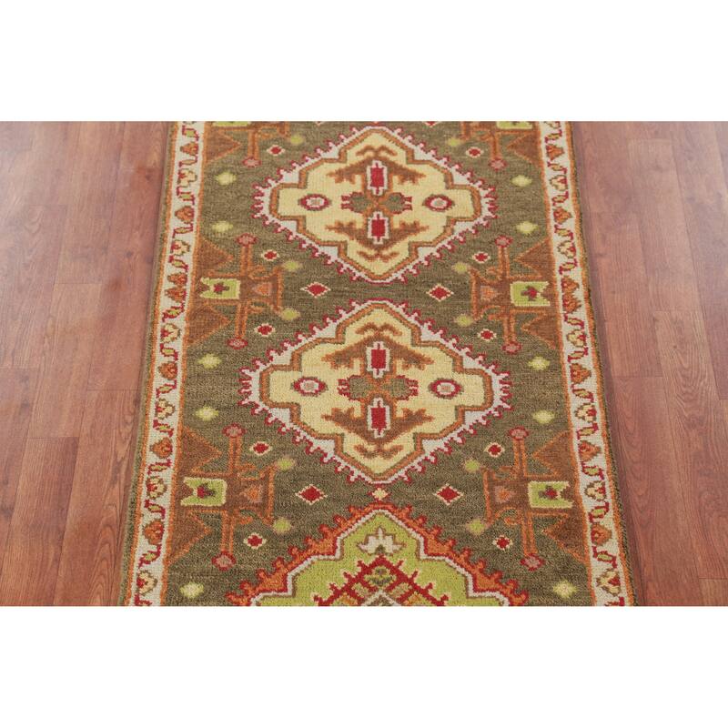 Hand Knotted Oriental 100% Wool Carpet Traditional Geometric Green Kazak Runner Rug - 9' 9'' X 2' 6''