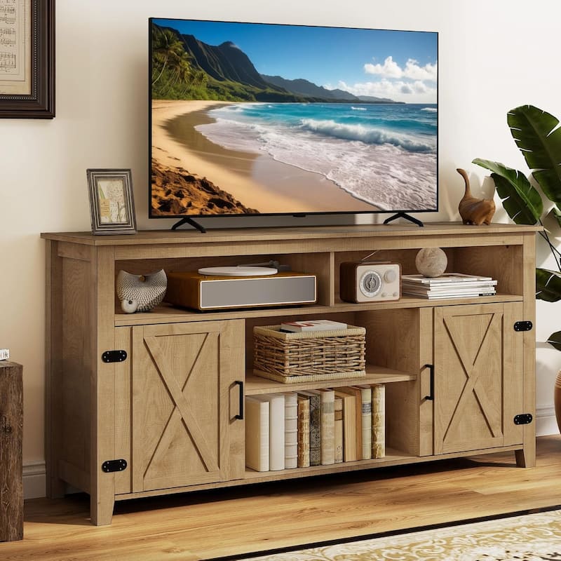 Moasis Farmhouse Highboy TV Stand for 65-Inch TV Barn Door Entertainment Center - Natural Oak