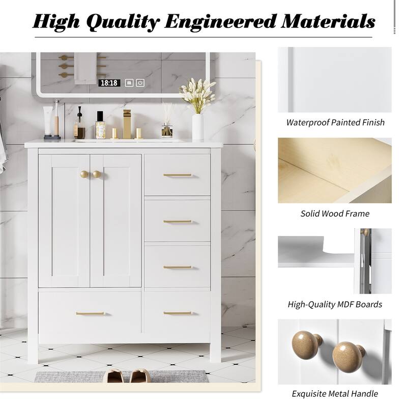 30'' Bathroom Wood Storage Vanity Cabinet with Ceramic Sink, 4 Drawers
