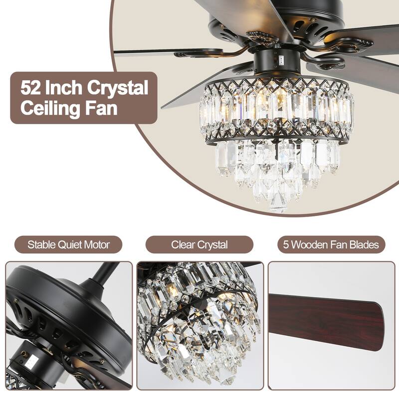 CurveCurio 52-inch Classic Ceiling Fan with Crystal Light Shade, 3 Light, Remote Control and Pull Chain Control for Living Room