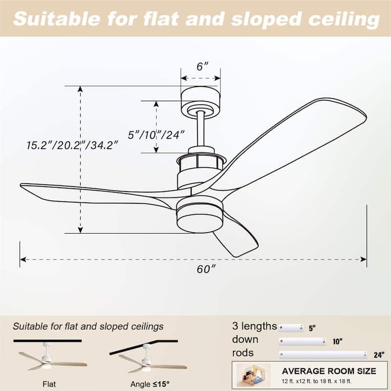 50 Inch / 60 Inch Wood Ceiling Fan with Lights and Remote Control Airflow Fan For Bedroom