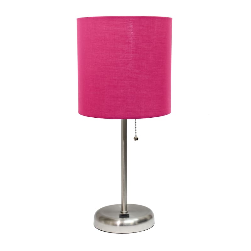 19.5" USB Port Feature Metal Lamp in Steel w Aqua Shade - Brushed Steel/Pink Shade