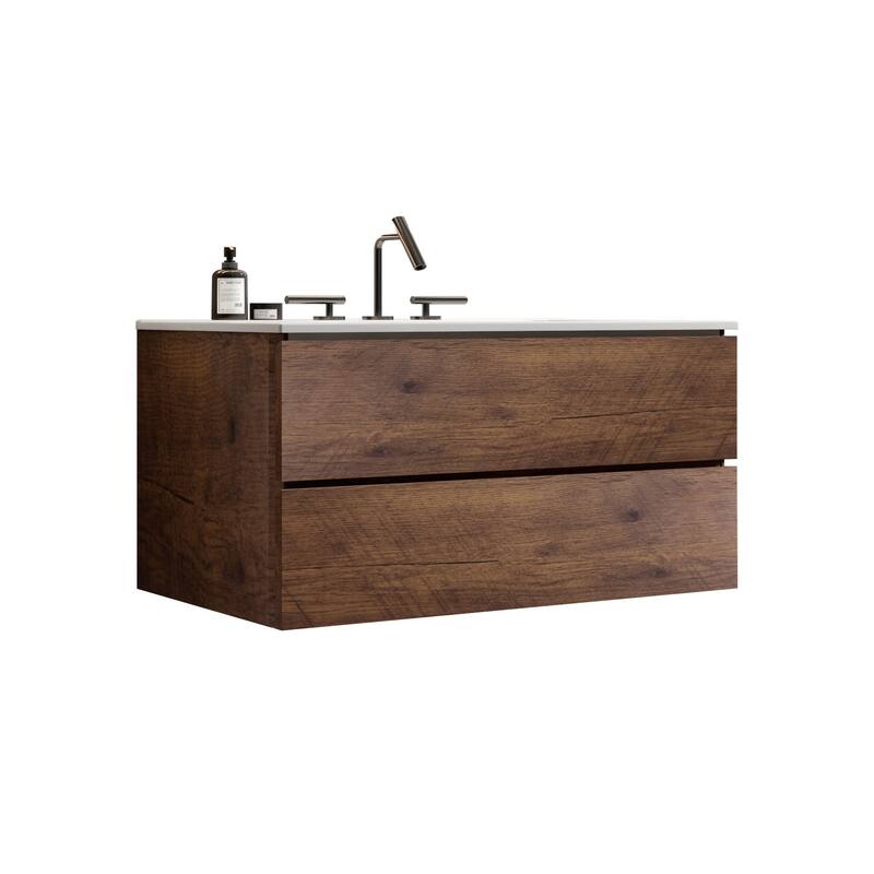 35" White and Walnut Bathroom Vanity with Silent DTC Soft-Closing Drawers, 20% Extra Storage - 36 in ,White+Walnut ,Ceramic+MDF