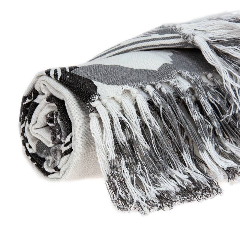 HomeRoots 52" X 67" Ivory and Gray Woven Cotton Coastal Seashell Throw Blanket with Fringe