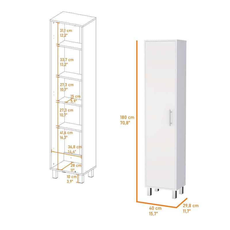 Tall Single Door Storage Cabinet with 3 Broom Hangers - Slim Organizer with Shelves for Cleaning Supplies