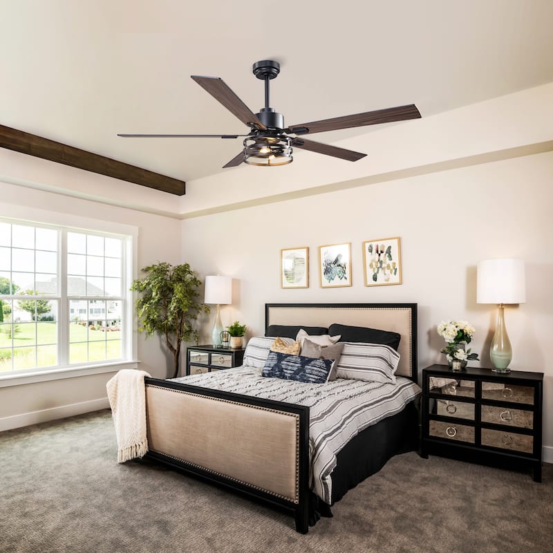 Vaczon 52" Industrial Reversible Wood 5-Blade Black Ceiling Fan with Light and APP Control