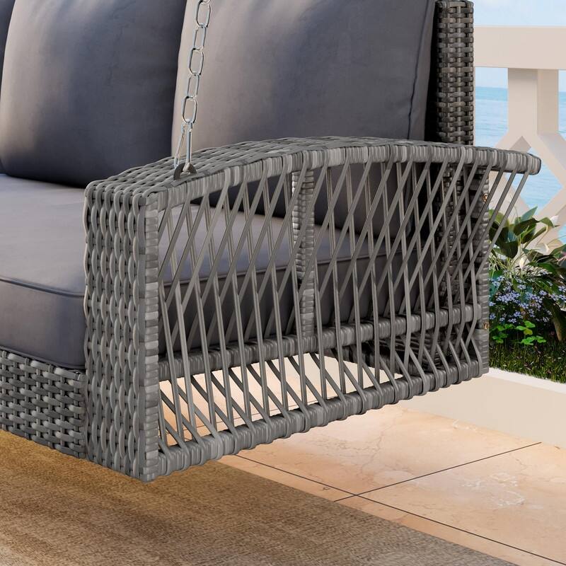 3-Person Wicker Porch Swing with Chains and Cushions for Relaxing in Your Backyard or Garden