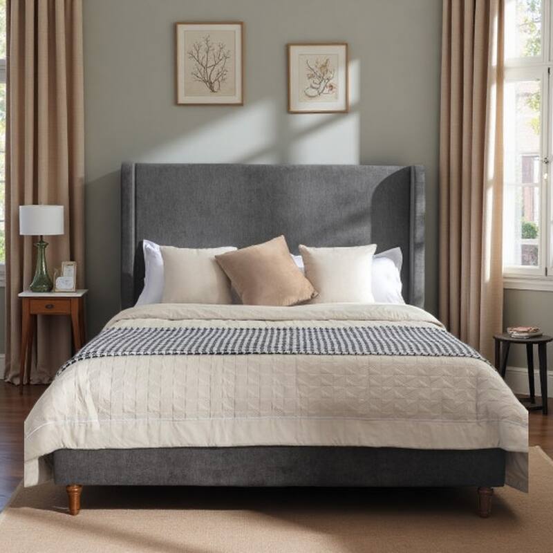 Queen Velvet Upholstered Bed with 54" Wingback Headboard, Walnut-Finished Wood Legs, Sturdy Metal Frame - Dark Gray