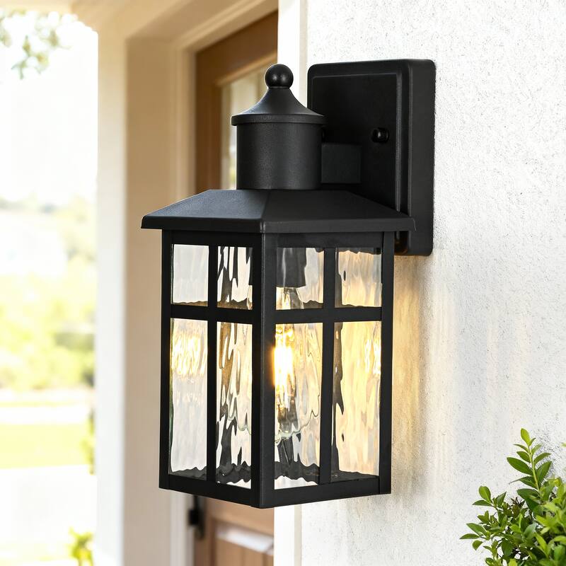 12 in. Black 1-Light Outdoor Wall Lantern Sconce with Water Wave Glass Shade