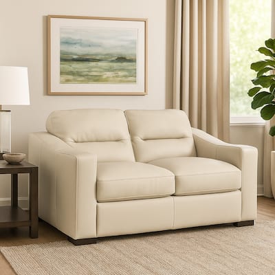 Rove Loveseat, Plush Cushioned Cream Real and Faux Leather, 67 Inch
