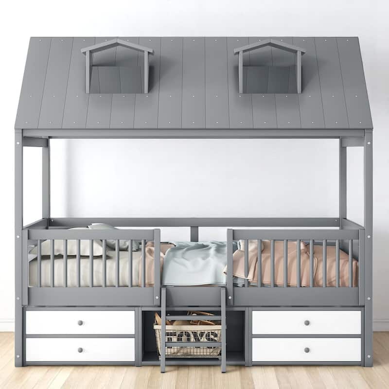 Twin/Full Size Wooden House Bed Frame with Skylight Roof, Drawers, Shelves and Ladder