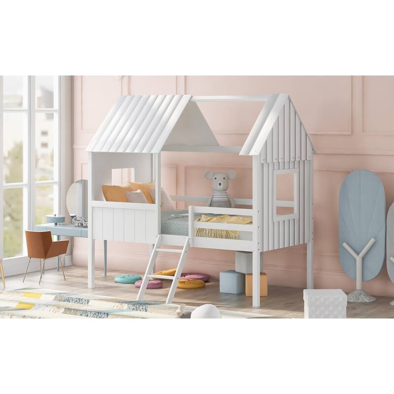 Twin Size Low Loft Wood House Bed with Two Side Windows and Guardrail