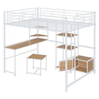 Full Size Loft Bed with Desk & Stool, Heavy Duty Metal Loft Bedframe with Open-Style Wardrobe, Safety Guardrail & Ladder, White