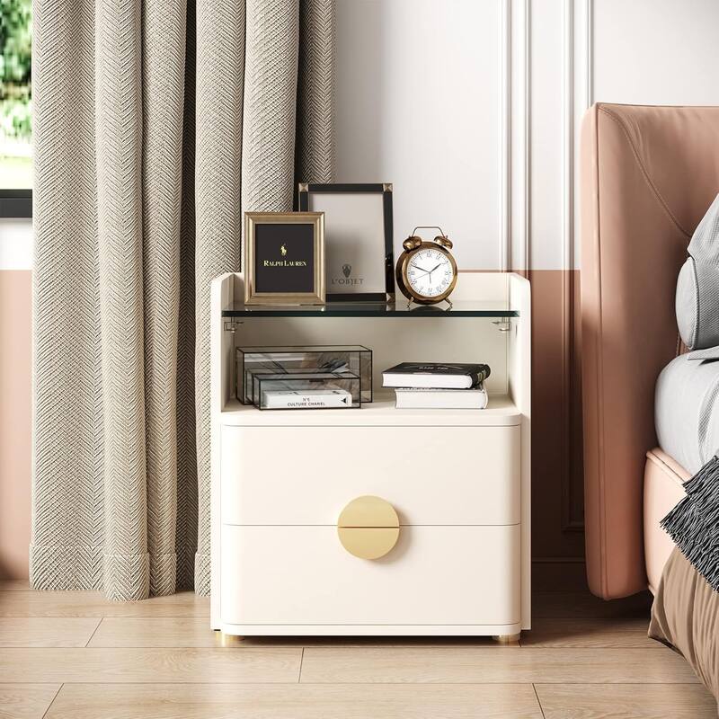 19.68" 2-Drawer Nightstand with Tempered Glass Top & Open Shelf - Wood Bedside Table with Gold Metal Legs, Stylish End Table - Beige