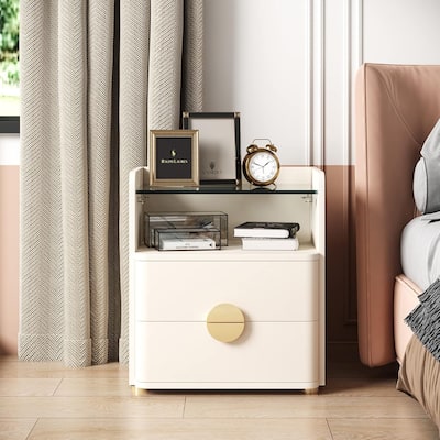 19.68" 2-Drawer Nightstand with Tempered Glass Top & Open Shelf - Wood Bedside Table with Gold Metal Legs, Stylish End Table