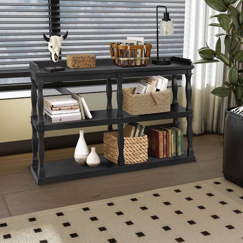 Roomfitters Console Table with 3-Tier Open Storage Spaces and Roman Column Effect Support Legs