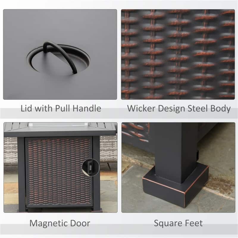 33 Inch Propane Fire Pit Table with 50000 BTU Burner Glass Wind Guard Lid Lava Rocks and Hidden Tank Storage