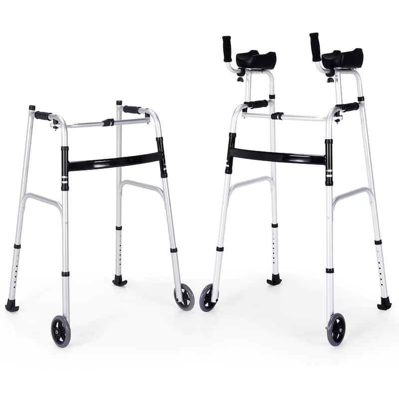 Costway Folding Wheel Walking Frame Adjustable Alloy Walker W/Armrest - See Details