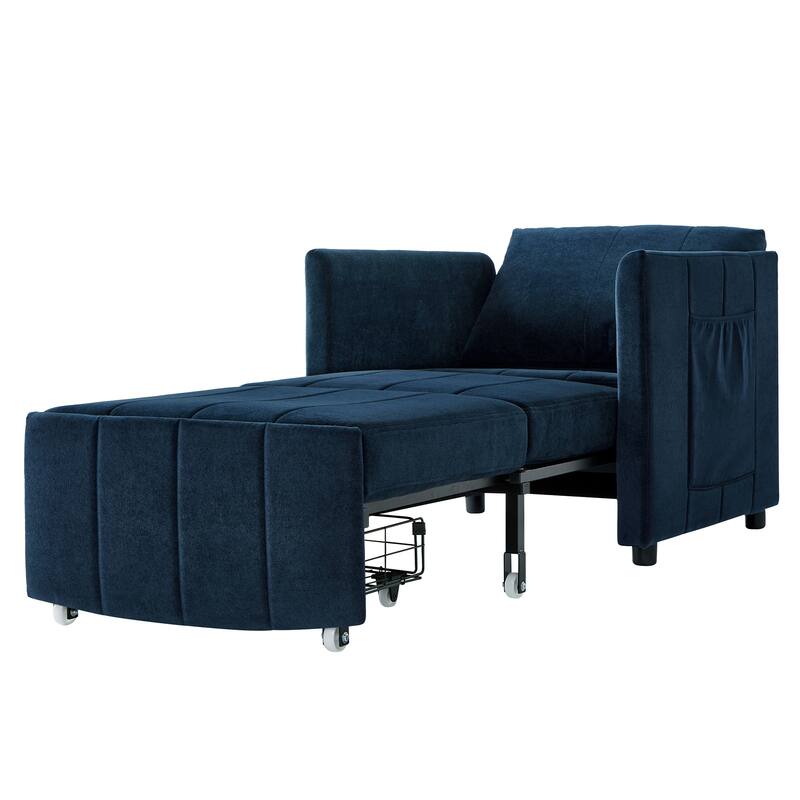 Upholstered Convertible Sleeper Sofa with 5-Position Adjustable Backrest, Side Pockets and Storage Basket, Blue
