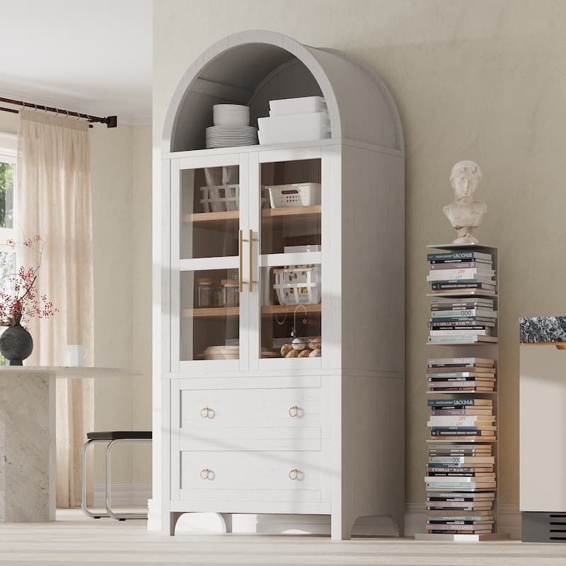 71" Tall Arched Kitchen Pantry Cabinet - 2 Large Drawers, Glass Door, Adjustable Shelves