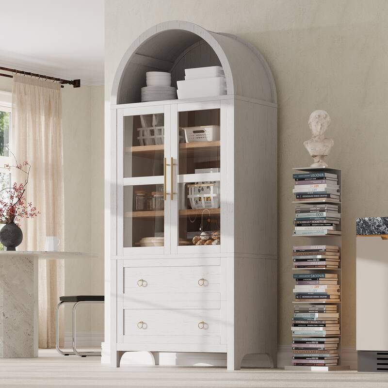 71"Tall Arched Kitchen Pantry Cabinet with 2 Large Drawers, Kitchen Storage Cabinets with Adjustable Shelves, Glass Door - White