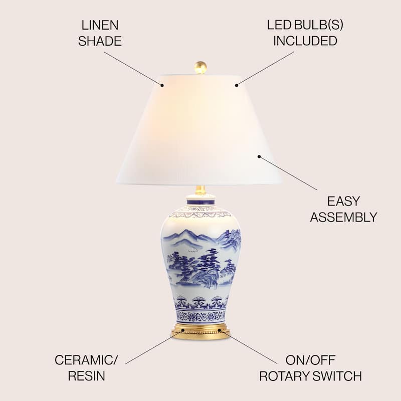 Reed 26.5" Ceramic/Iron Traditional Cottage LED Table Lamp, Blue by JONATHAN Y