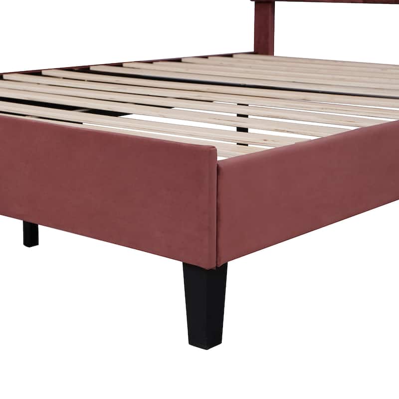 Upholstered Platform Bed, Velvet Fabric Bedframe with Flower Pattern Headboard & 12 Wood Slat Support, No Box Spring Needed