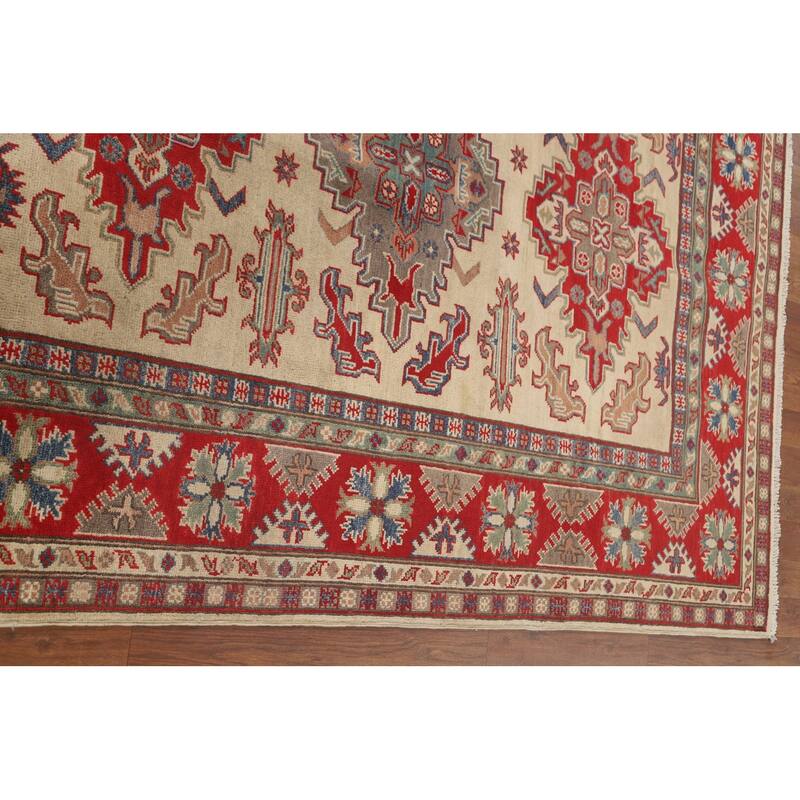 Geometric Kazak Area Rug Handmade Beige Wool Carpet - 4'10" x 6'6"