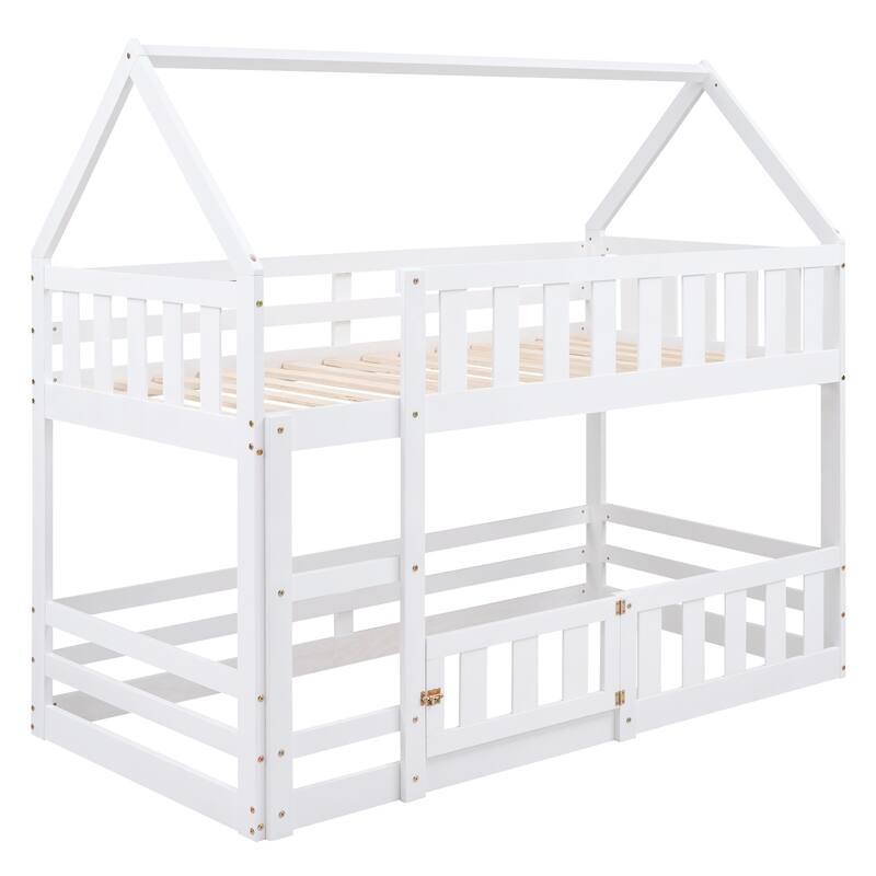 Twin Over Twin House Bunk Bed With Fence And Door