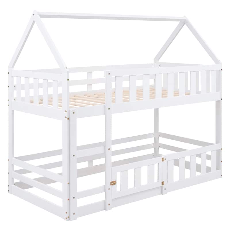 Twin Pine House Bunk Bed with Fence, Guardrail, and Door