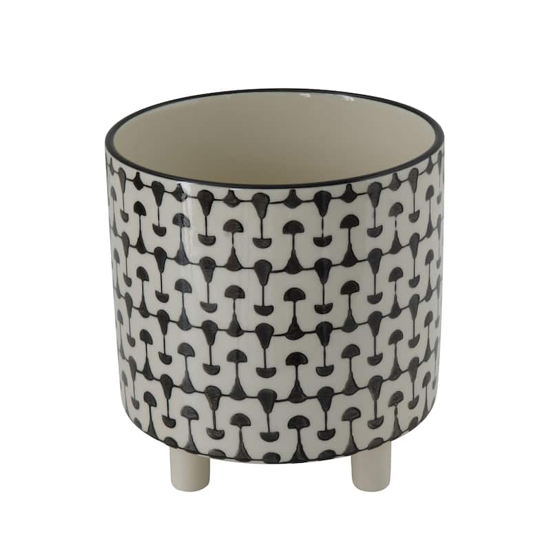 Black & White Round Stoneware Footed Planter - Black