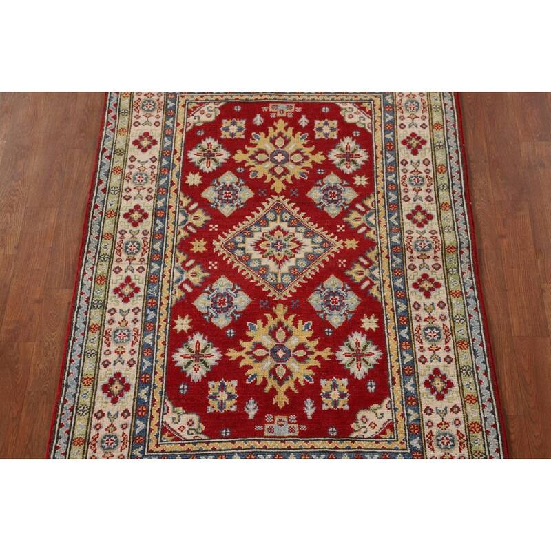 Traditional Kazak Oriental Accent Rug Hand-Knotted Red Wool Carpet - 3'3"x 4'10"