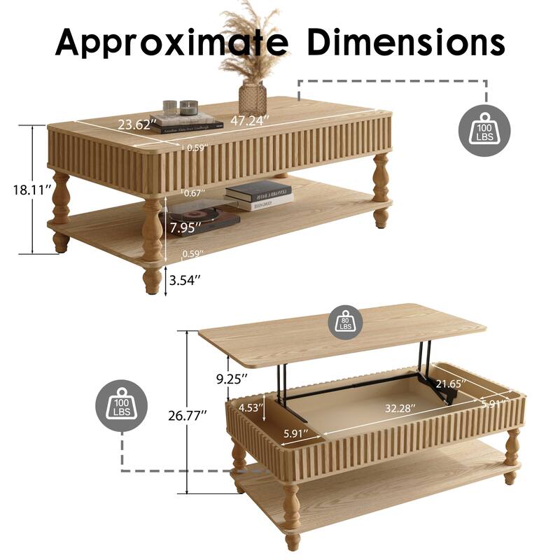 Roomfitters 47" Lift Top Coffee Table, Solid Wood Fluted Center Table with Roman Legs & Hidden Storage