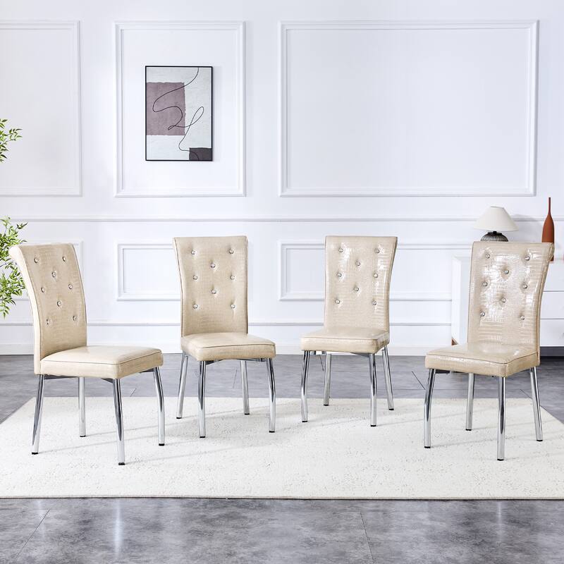 A set of 2 vintage crocodile leather cushioned dining chairs, featuring crystal clasp design and artificial leather design