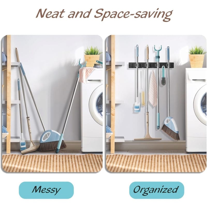 2 Pack Wood Broom Mop Hanger - Wall Mounted Garden Tool Rack Organizer 4 Slots & 4 Hooks - 2 Pack