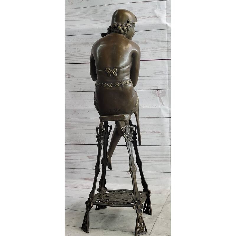 Art Deco Flapper Girl On Chair W/ Wine Champagne Gl Bronze Figure Sculpture 21.5 Inches X 6.5 Inches