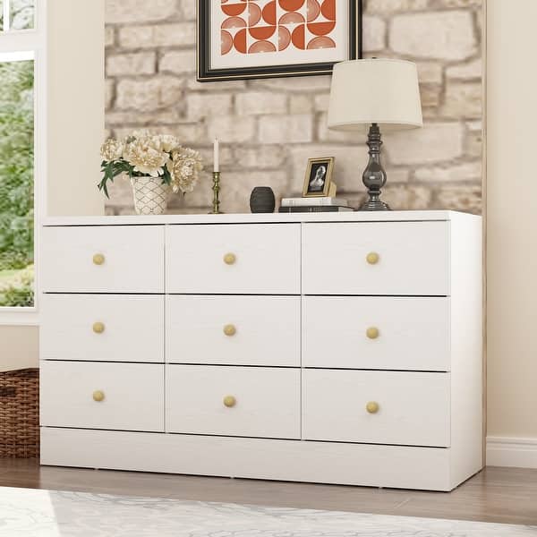 9-Drawer White Dresser with Gold Knobs  Modern Storage Solution
