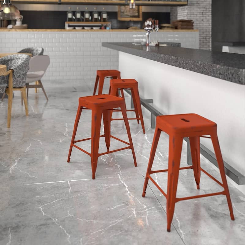 24" High Backless Distressed Metal Indoor-Outdoor Counter Height Stool - Kelly Red