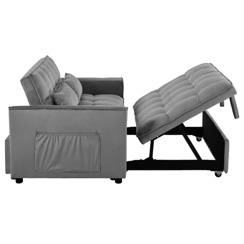 3-in-1 Convertible Loveseat 47.24 in. Velvet Pull-Out Twin Size Sofa Bed with Pocket & Throw Pillow