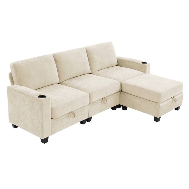 Chenille Sectional Sofa, Hidden Storage & Modular Design - 3-Seater & 1 Ottoman - Marzipan White