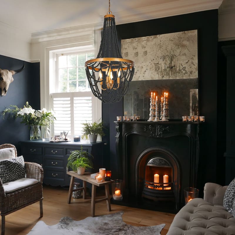 Modern Glam 4-Light Black Gold Wood Beaded Coastal Chandelier Luxury Pendant Ceiling Lights Bedroom Stairwell Dining Room