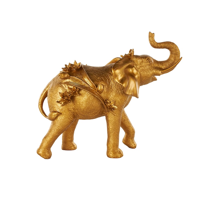 Gold Resin Walking Elephant Decorative Sculpture with Floral Accents - 9"W x 22"L x 19"H
