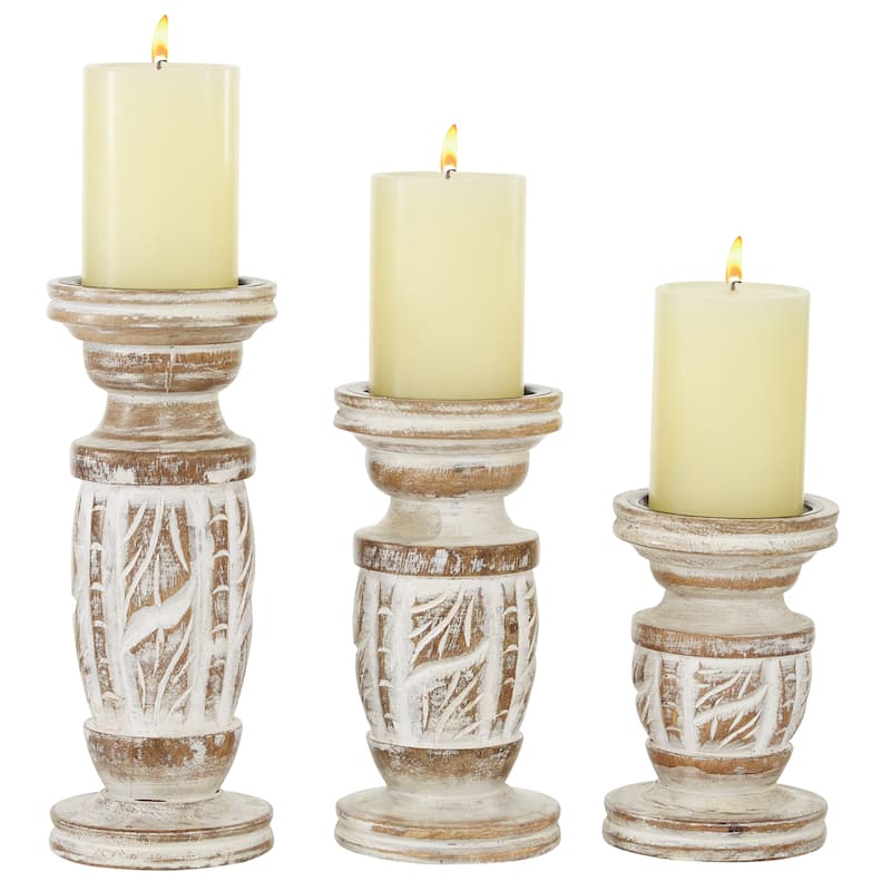 Wood Handmade Candle Holder with Carved Designs - Set of 3 White - Roche River Decor - 4"W x 4"L x 10"H