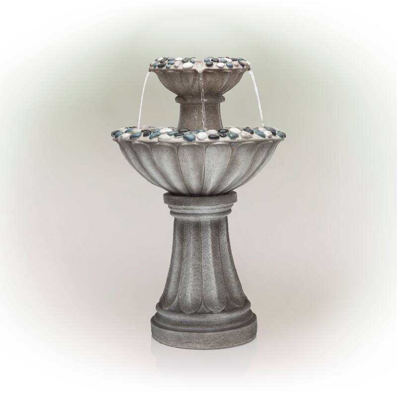 Alpine Corporation 24" Tall Vintage Old World Pedestal Fountain Yard Art Décor with Pebble Inlay
