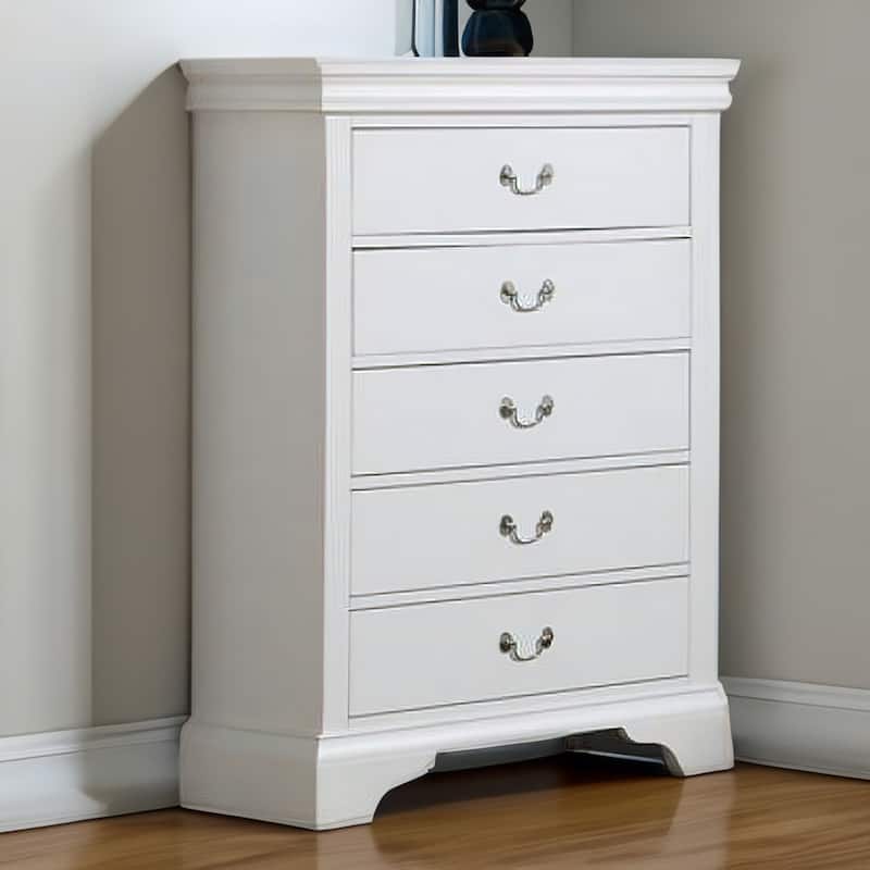 Vix 47 Inch 5 Drawer Tall Dresser Chest, Metal Handles, Crisp White Wood