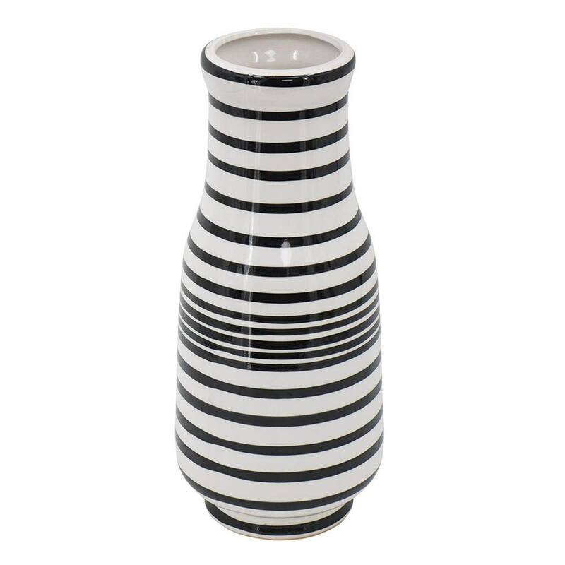 18" Black And White Hand Painted Stripe Ceramic Table Vase - 10.20